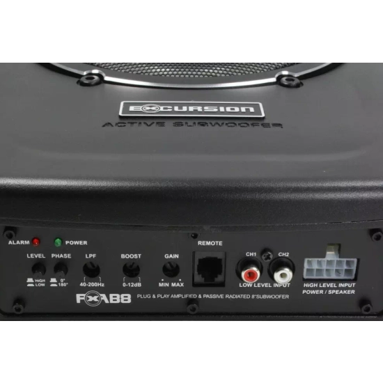 Excursion PXA-B8 active car subwoofer with a 20 cm / 8-inch driver – 150/500 W, die-cast aluminum enclosure, dual radiator, bass level controller.